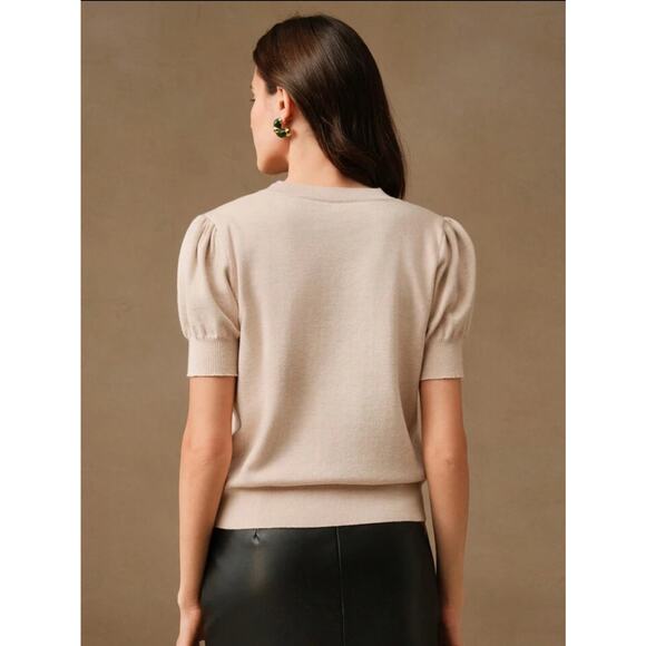 Anewsta Women's Elegant Heavy Embellished Bees Short Sleeve Biege Sweater Size L - Picture 4 of 12